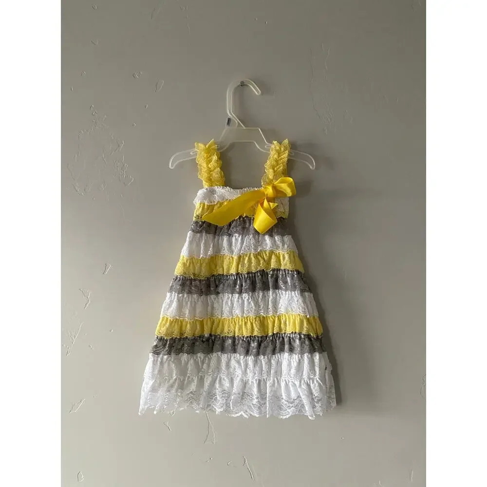 Baby Girl White, Yellow and Gray Lace Dress- Medium